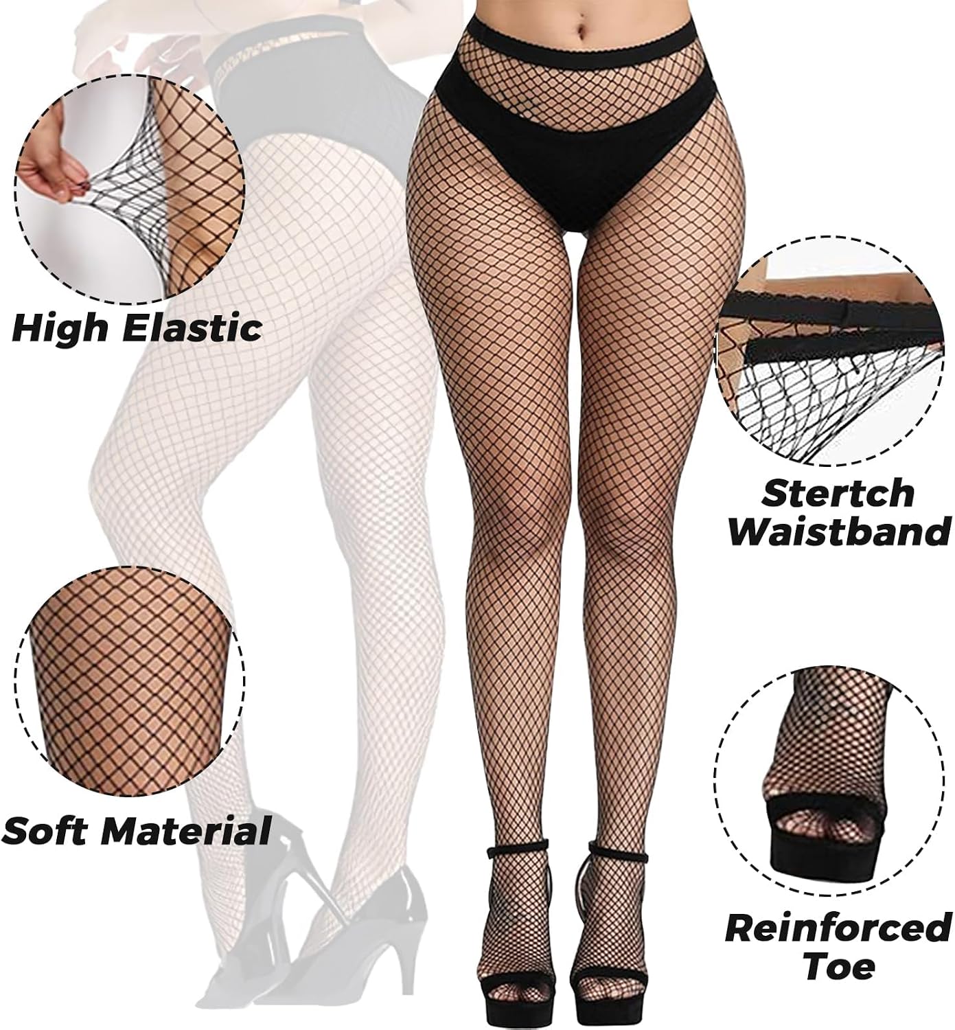 Buauty Fishnet Stockings for Women, High Waisted Fishnet Tights Black Fishnets for Halloween