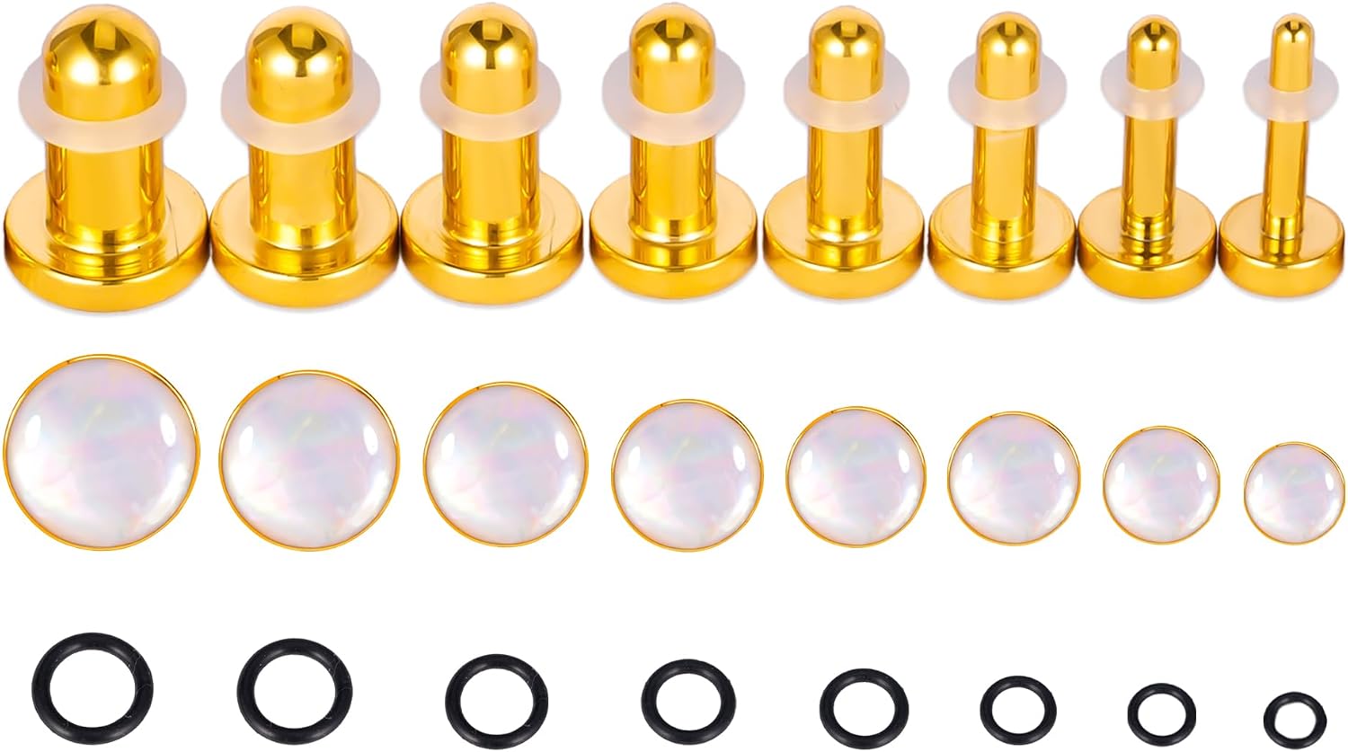 DOEARKO 16 PCS Stainless Steel Precise Dimensions Shell Opal Ear Gauge Stretching Kit Short Taper Expander, Comfy Stretching Plugs with Rubber Rings, Domed Body Ear Stretching Kit