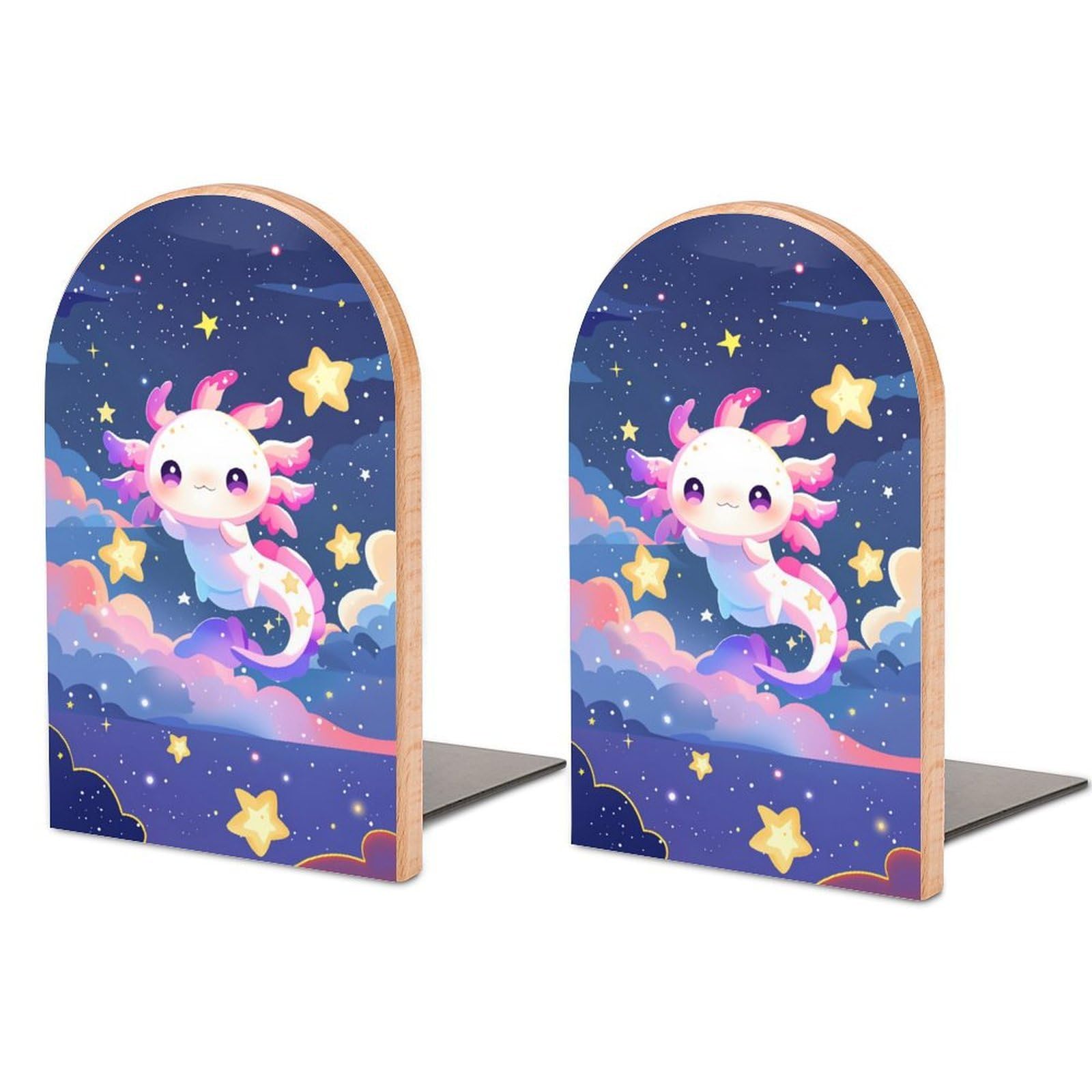 Axolotl Solid Beech Wood Bookends, Decorative Book Ends for Shelves, Non-Skid Desktop Book Organizer for Home Office, Library Decor (1 Pair, 4.7" X 6.7")