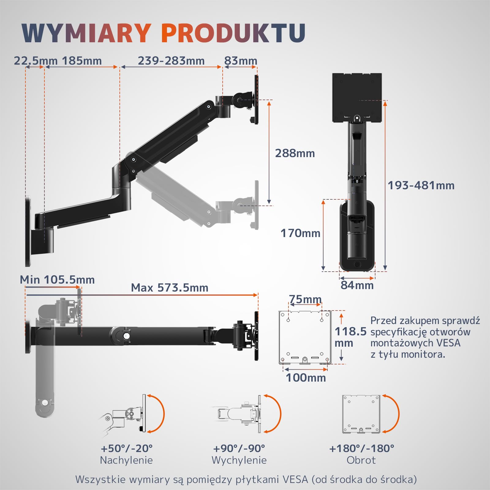 Uchwyt Ścienny do Monitora 17–49 cali, do 20 kg – VESA 75×75/100×100 – Regulacja: Pochylenie, Obrót, Rotacja & Wysokość – Wysuwane Ramię ze Sprężyną Gazową