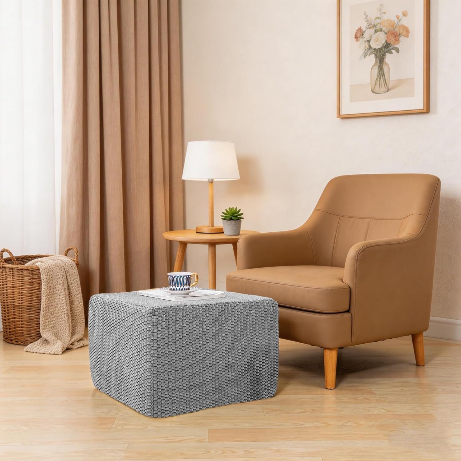 Furry Square Pouf Ottoman – 20"x14" One-Piece Seamless Integral Foam Foot Stool Ottoman Foot Rest Living Room Bedroom Under Desk (Gray)