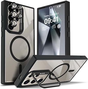 YZB Designed for Samsung Galaxy S23-Ultra Case, Black | Magnetic Compatible with MagSafe | Built-in Stand & Camera Lens Protector | Anti-Yellowing & Scratch-Resistant Crystal Clear Back Cover