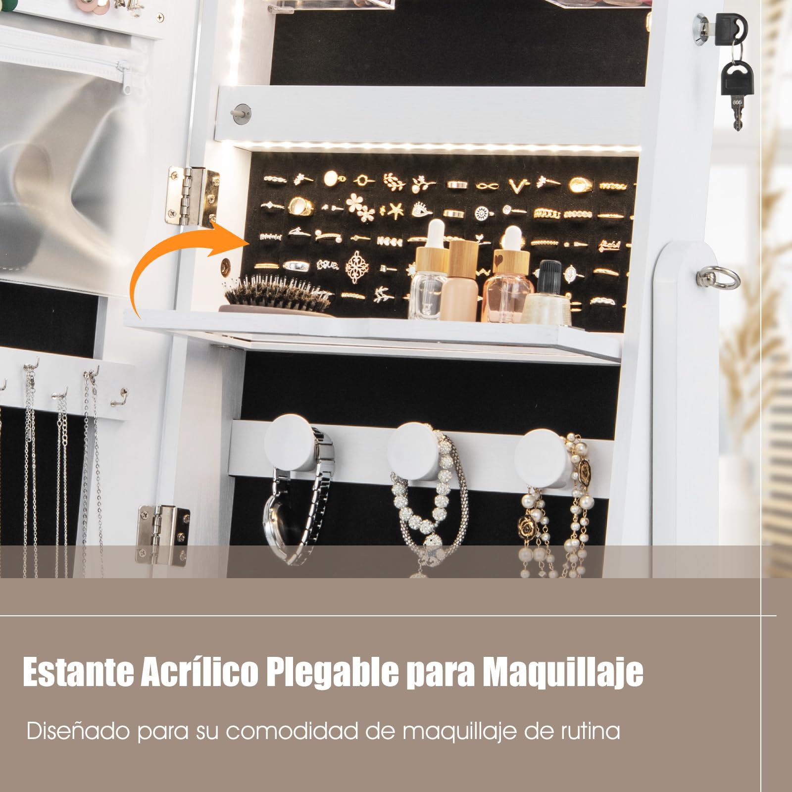 COSTWAY Armario para Joyas, Espejo Joyero de Pie Con Luces LED de 3 Colores, Espejo de Pie Cuerpo Entero con Cerradura, Cajón y 4 ruedas, Almacenamiento de Joyas Con Espejo de Maquillaje (Blanco)