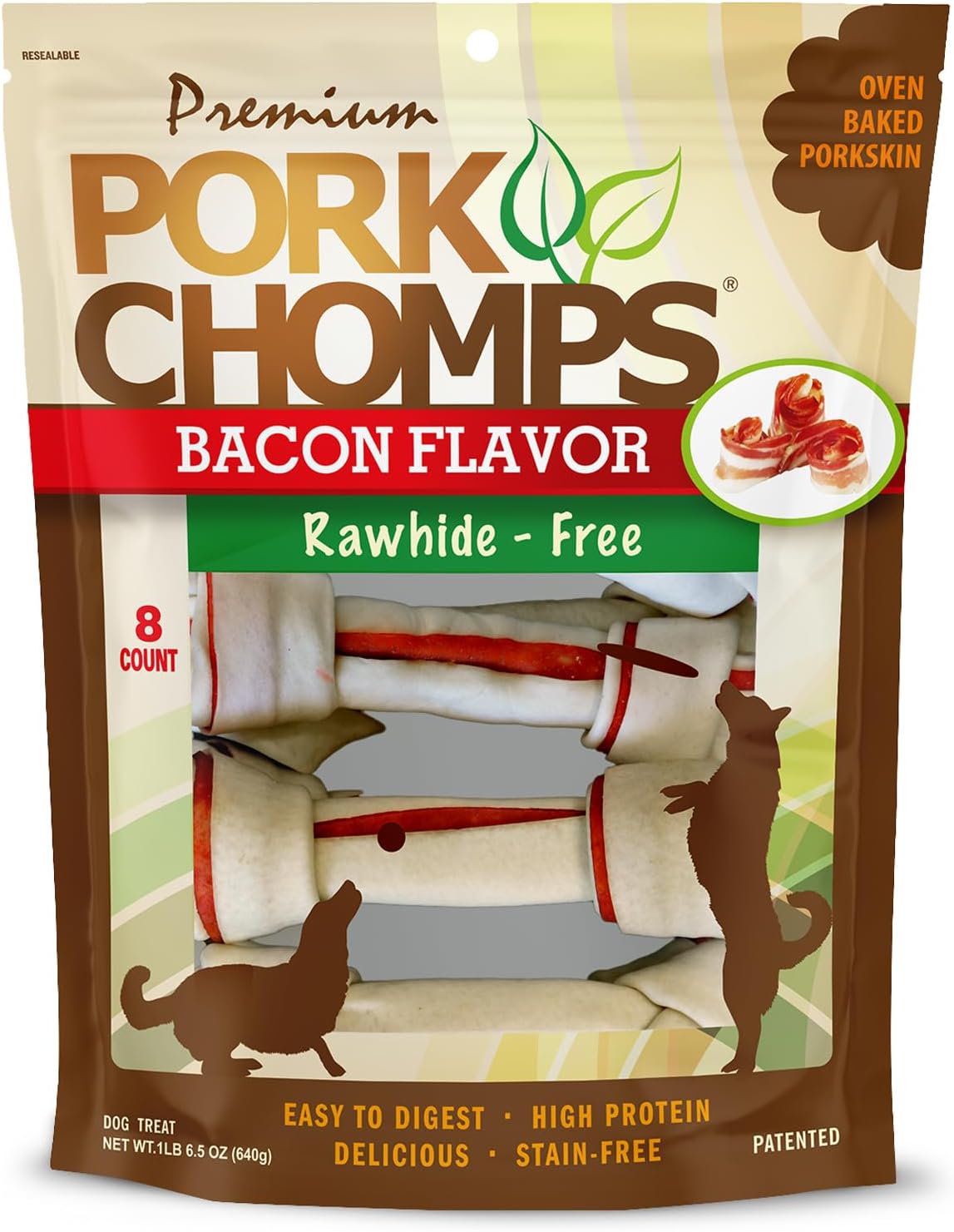 Baked Pork Skin Dog Chews, 6 Inch Knots, 8 Count, 1 Pack, Bacon Flavor - Long-Lasting Treats for Dogs - High Protein, Rawhide-Free, Low Fat, Healthy & Delicious Chews