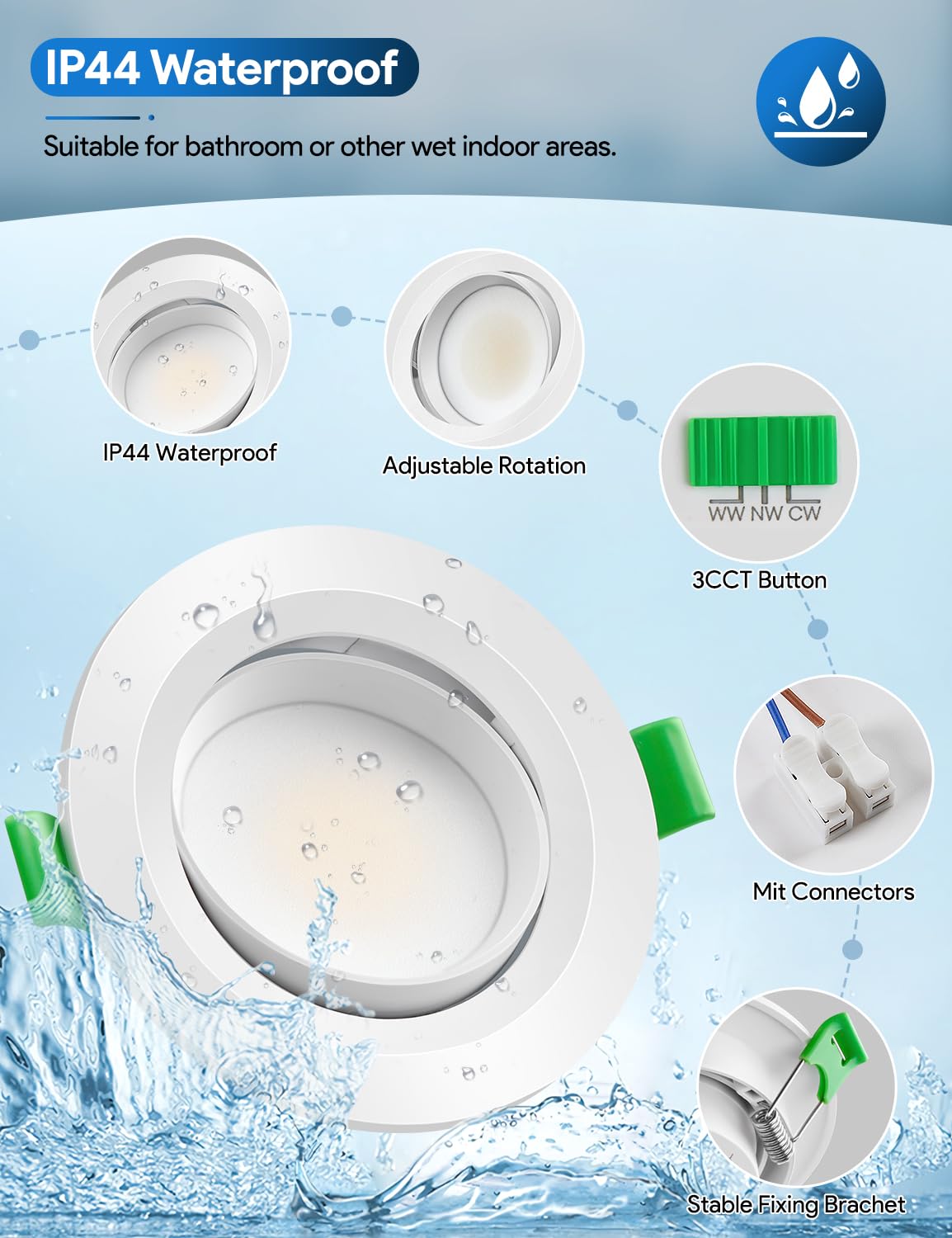 Foco Empotrable LED Techo Regulable 5W, Downlight Giratorio 450LM 3000K 4000K 6000K, IP44 Ø68-80mm Interior AC 220-240V para Baño Salón Cocina, 12 Piezas