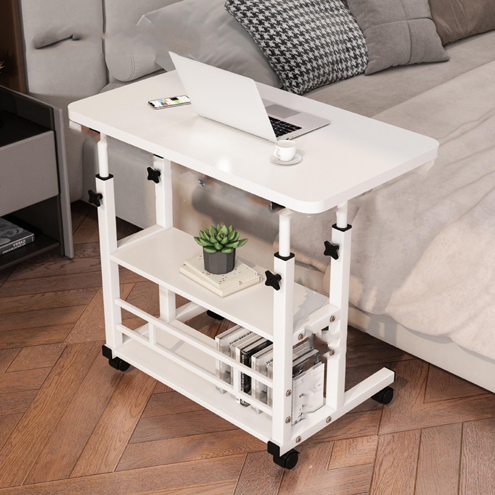 Escritorio portátil con ruedas de altura ajustable con 2 estantes de almacenamiento, mesa de escritura rústica compacta para oficina en casa y dormitorio, acabado blanco cálido