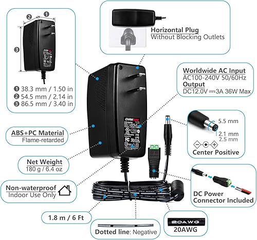 Miniatura 3 de Chanzon Adaptador de conmutación de CA y CC de 12 V, 3 A, 36 W, transformador de convertidor de verrugas de pared de 12 voltios y 3 amperios,