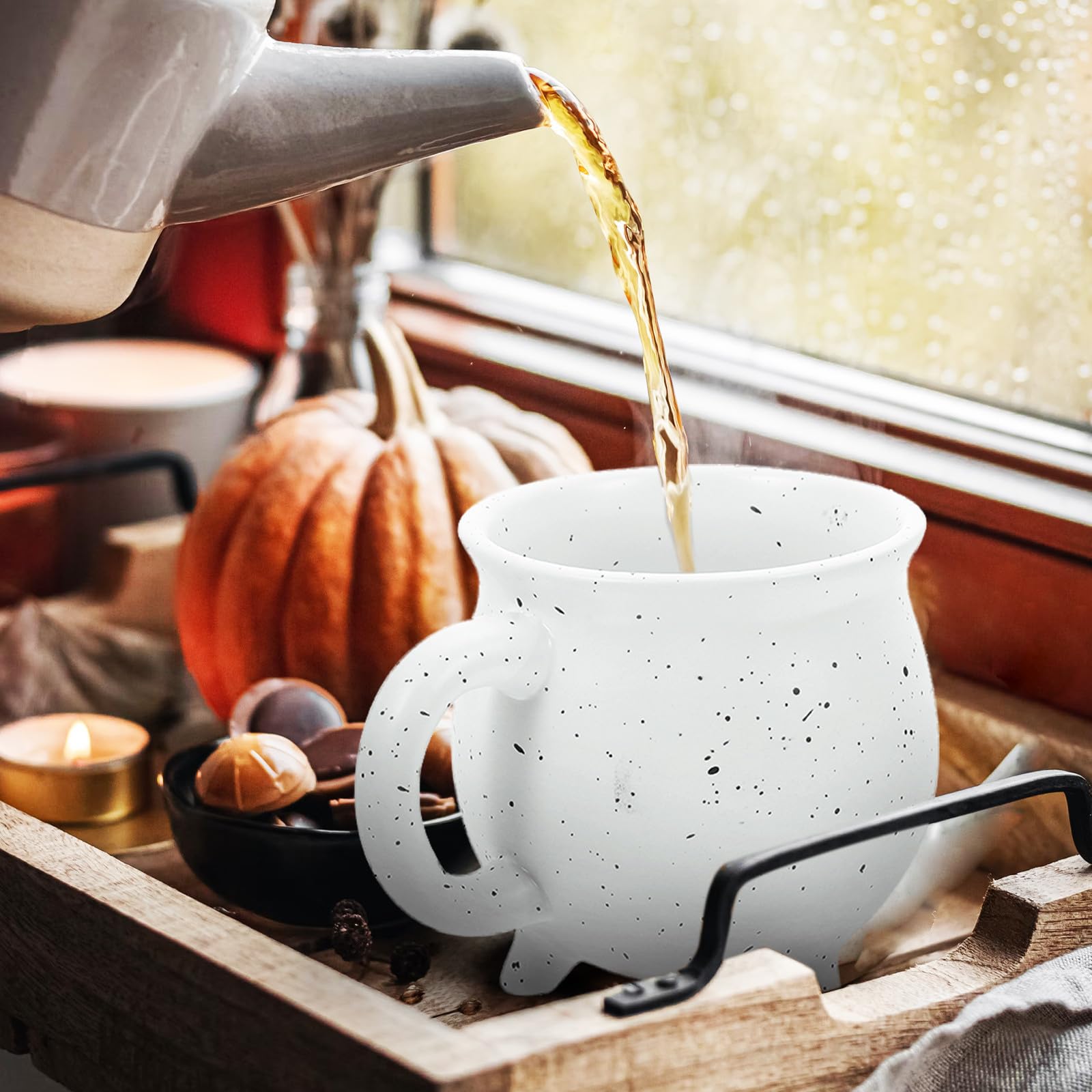 Zerodeko 450ml Keramik Tasse Weiß mit Drei Beinen für Halloween Geschenk Kreativer Becher für Kaffee Tee und Party Dekoration
