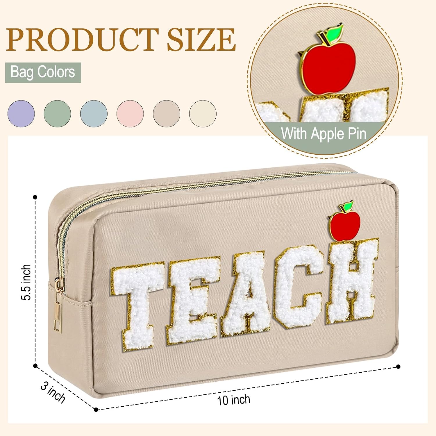 Kacctyen 6 Set Teacher Appreciation Gifts Teach Bag Bulk Chenille Letter Makeup Bag Zipper Cosmetic Pouch with Preppy Apple Pins for Teacher Women School Graduation Gifts