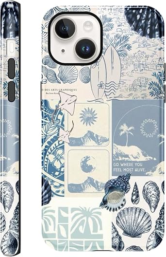 Seashell for iPhone 13/14 Case 6.1",Beach Blue Collage Coast Cute Summer Phone Cases for Girl Women Boy Men TPU Scratch Resistant Shockproof Protective Cover Cases,Coastal World