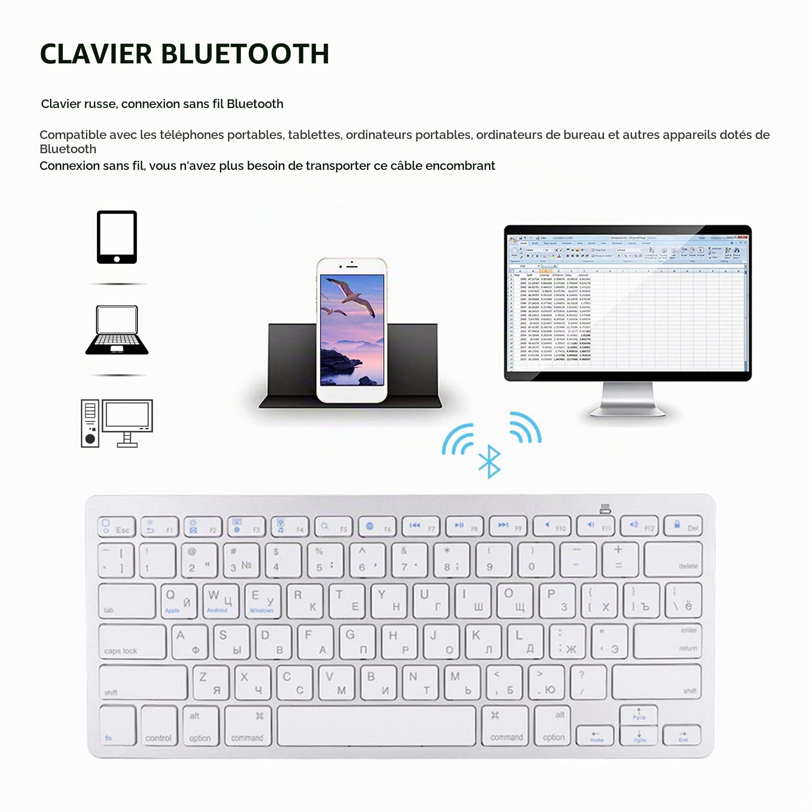 Clavier Russe Bluetooth, 78 Touches Bouton Flottant Ultra-Mince Clavier sans Fil Russe pour Mac, pour Android, pour - Argent Blanc