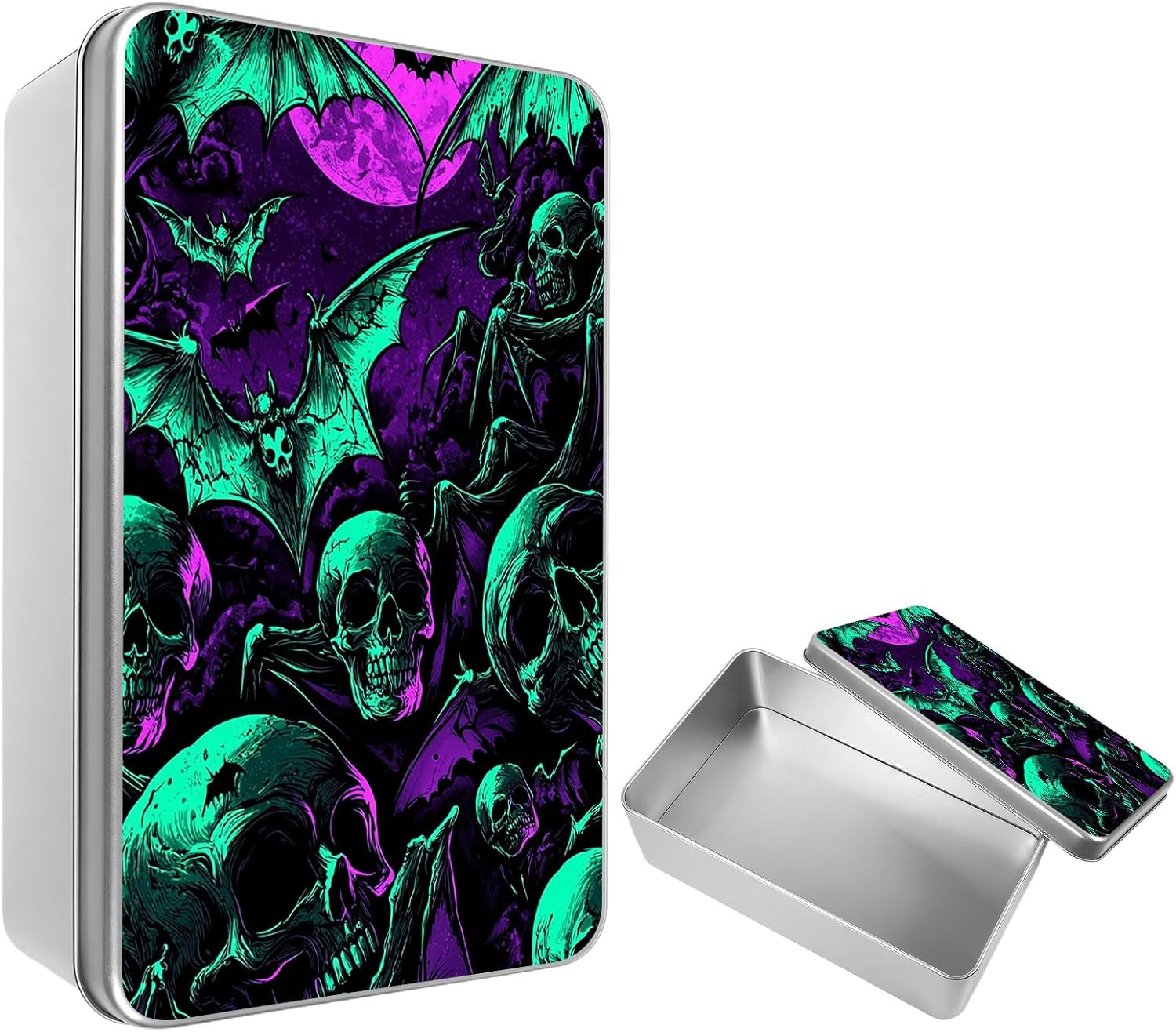 Metal Tin Box with Lid, Rectangular Storage Bins Organizer, Bat Skull Decorative Storage Box Containers for MTG Card Trinket Jewelry Key Craft for Desk Office Home Gift