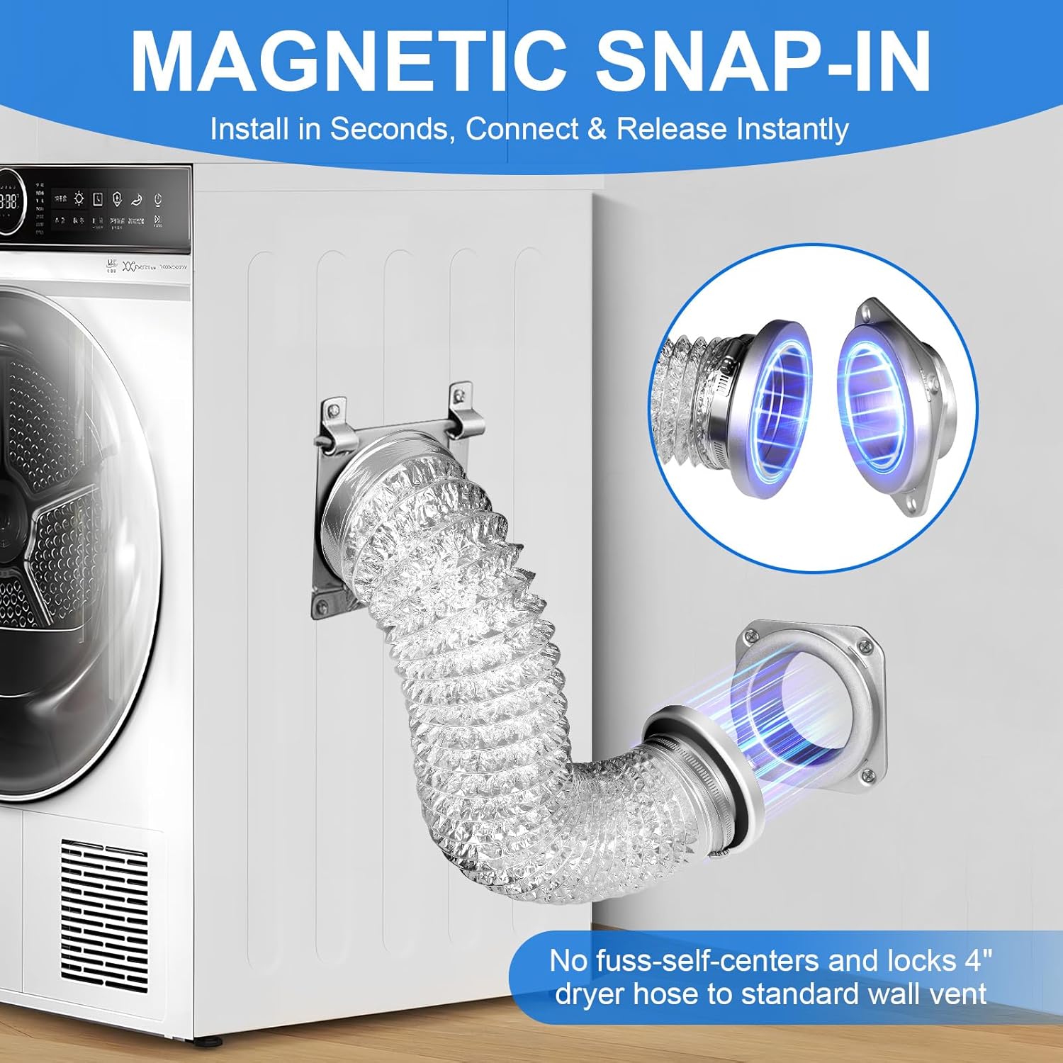 Magnetic Dryer Vent Connector Kit, 4-Inch by 31.5-Inch Aluminum Foil Hose with Clamps, Magnetic Coupling for Dryer Vent Cleaning and Replacement, Laundry Room Essential