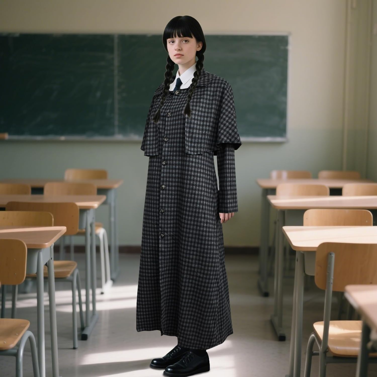 Horror Movie Black Family Costumes Plaid Coat, Women Black Costume Gothic Long Coat Cape Collar Outwear Halloween Cosplay - Image 6