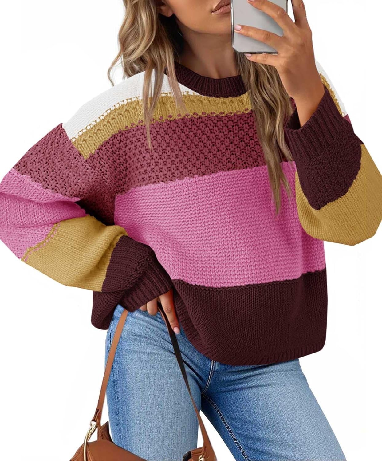 Saodimallsu Womens Color Block Cropped Sweaters 2025 Winter Trendy Casual Oversized Y2k Going Out Striped Pullover Tops