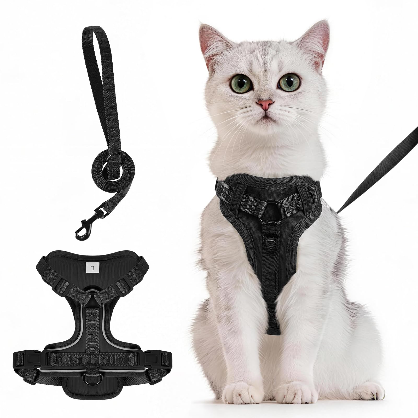 Muecleao Cat Harness and Lead Set, Reflective Adjustable Vest with Elastic Belly, Soft Mesh Breathable Escape Proof Walking Jacket for Cats (Black, L)