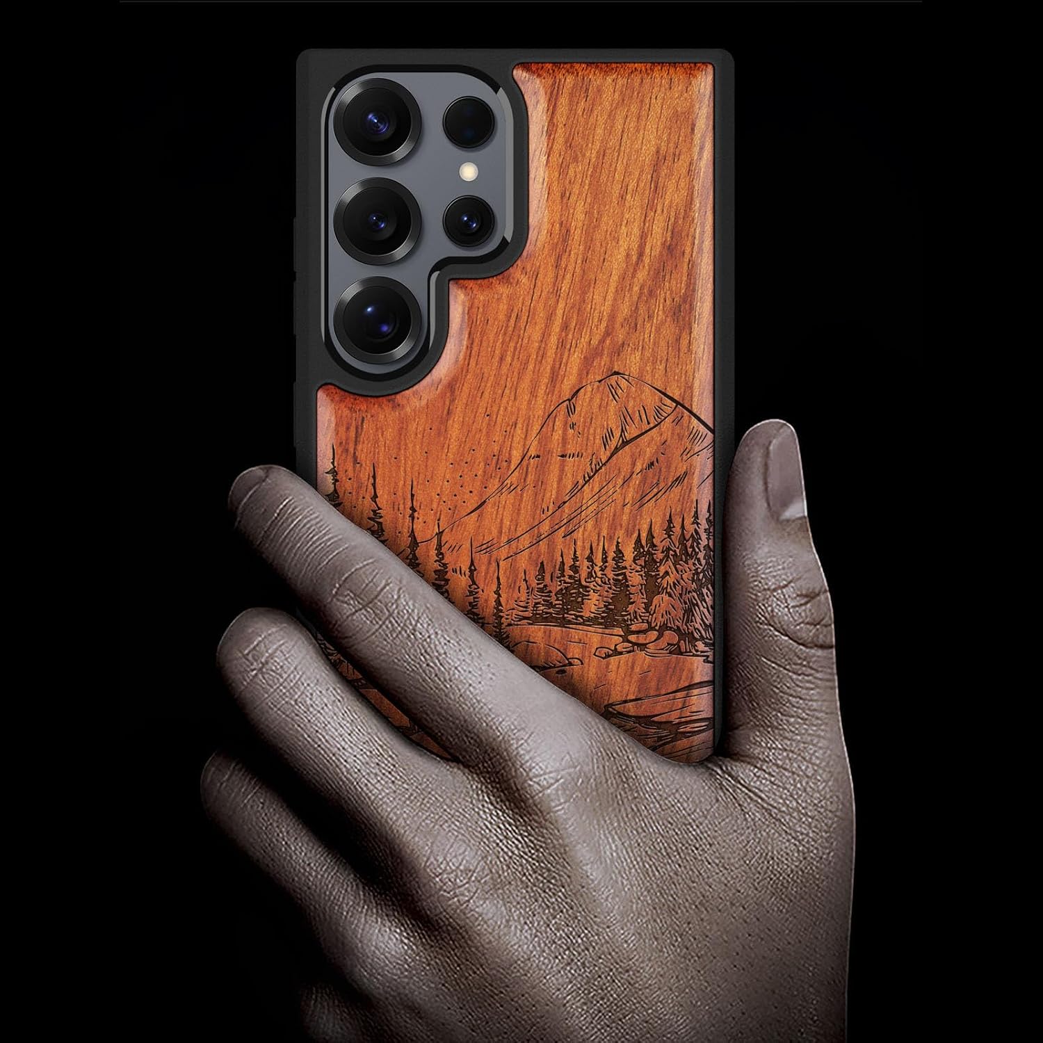 Carveit Magnetic Wooden Case for Samsung Galaxy S25 Ultra Case 2025, TPU Shockproof Cover & Wood Artisan Engraved, Compatible with MagSafe Wireless Chargers (Lake and Mountain) Rosy