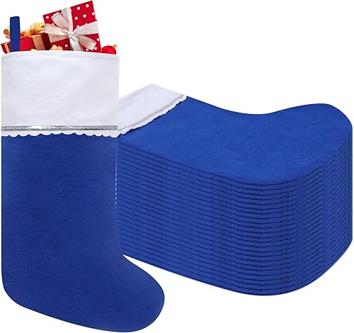 Paquete de 24 medias de Navidad de fieltro, 19 pulgadas, adornos colgantes de calcetines de Navidad azules y blancos, puño blanco con adornos