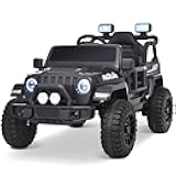 Joywhale 12V Kids Ride on Truck Battery Powered Motorized Car Electric Vehicle for Kids, with Remote Control, 4-Wheel Suspension, LED Lights, Music & FM, Seat Belt, Portable Handle, Black