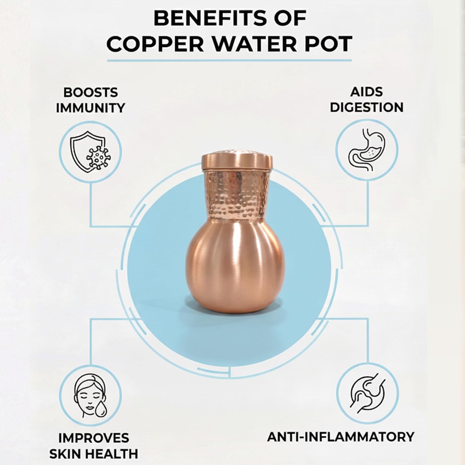 Handmade Pure Copper Carafe Pitcher with Lid 51oz, Long Neck, Round Shape Hammered Copper Water Tumbler for Ayurvedic Health Benefits