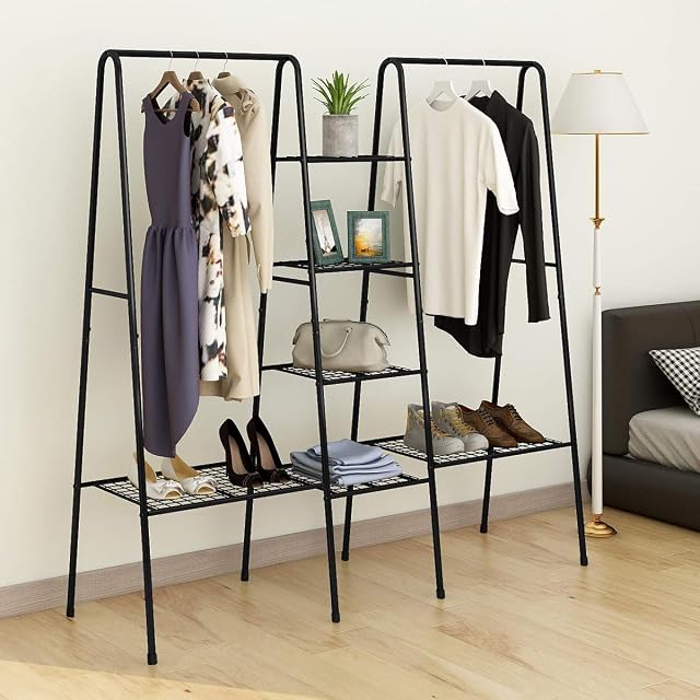 JURMERRY Heavy Duty Clothes Rail with Shelves Coat Rack Organiser Clothers Freestand Garment Rail with Top Rod for Home Office Indoor, Black