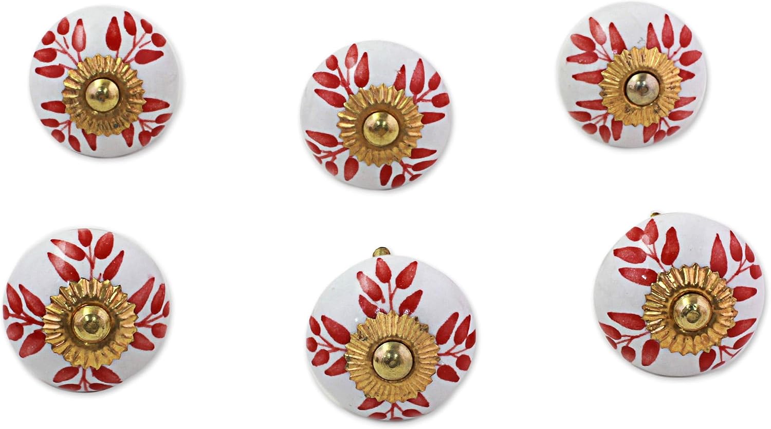NOVICA Artisan Handmade Ceramic Cabinet Knobs Floral White Red Set of 6 from India Metal Decor Accessories Decorative Hardware Painted [ 3.1in H x 1.8in Diam. Screw Length 1.5in L] ' Leafy Red' Set