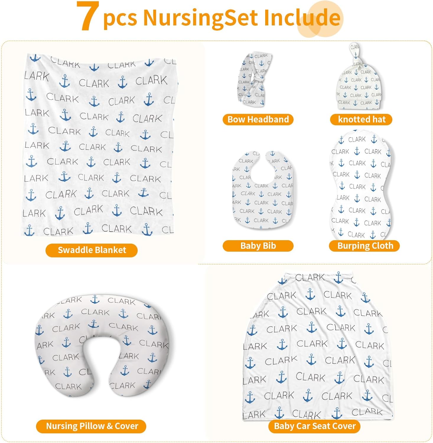 Custom Baby Nursing Swaddling Set: Personalized Custom Name Swaddle Blanket Car Seat Cover Bow Headband Hat Nursing Pillow for Infant Boy Blue Anchor Pattern(Fixed Size)