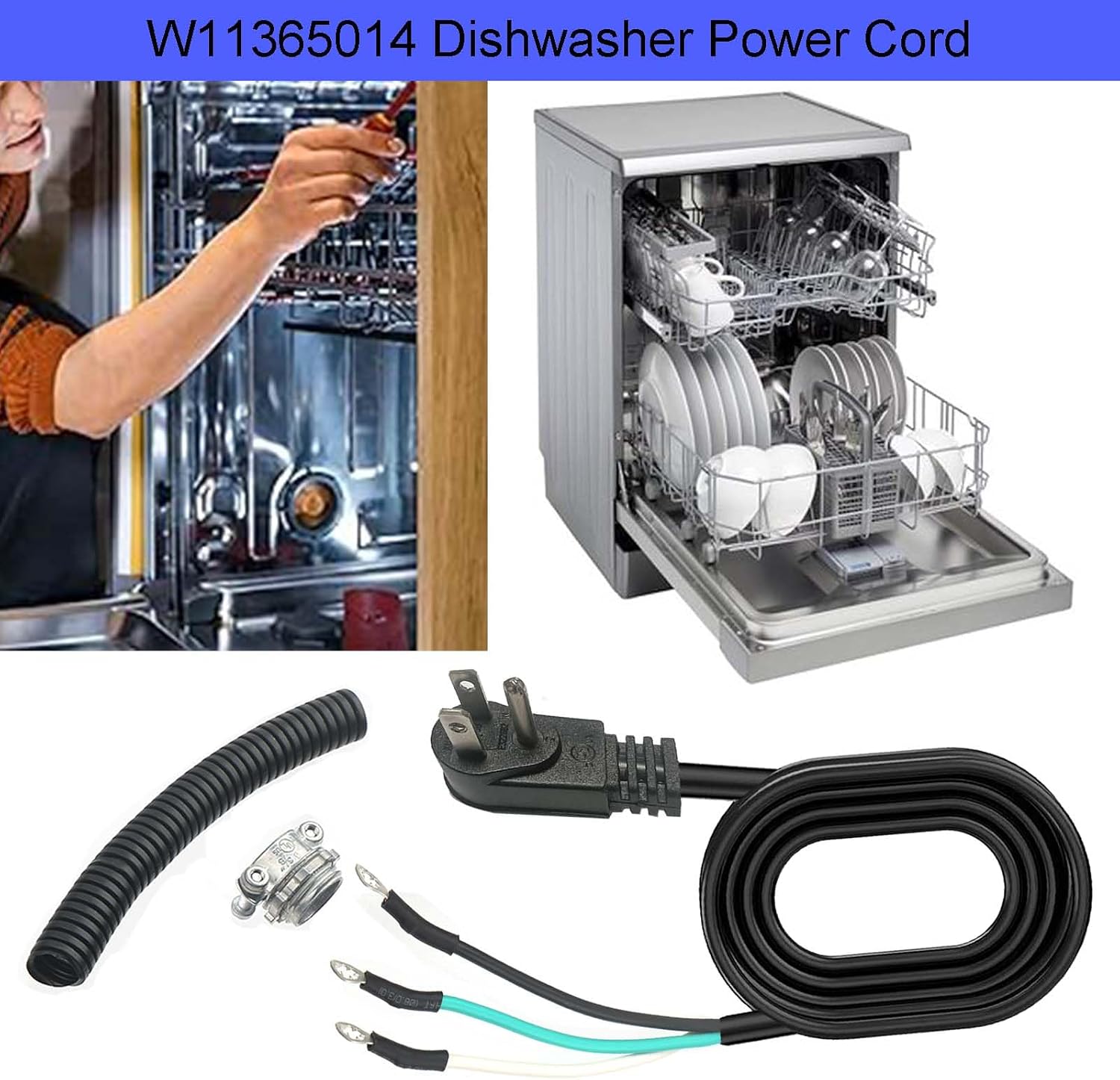 W11365014 Dishwasher Replacement Power Cord for Whirlpool Maytag and Most Brands Dishwasher Installation Kit 6 ft 3x16AWG 13 Amps