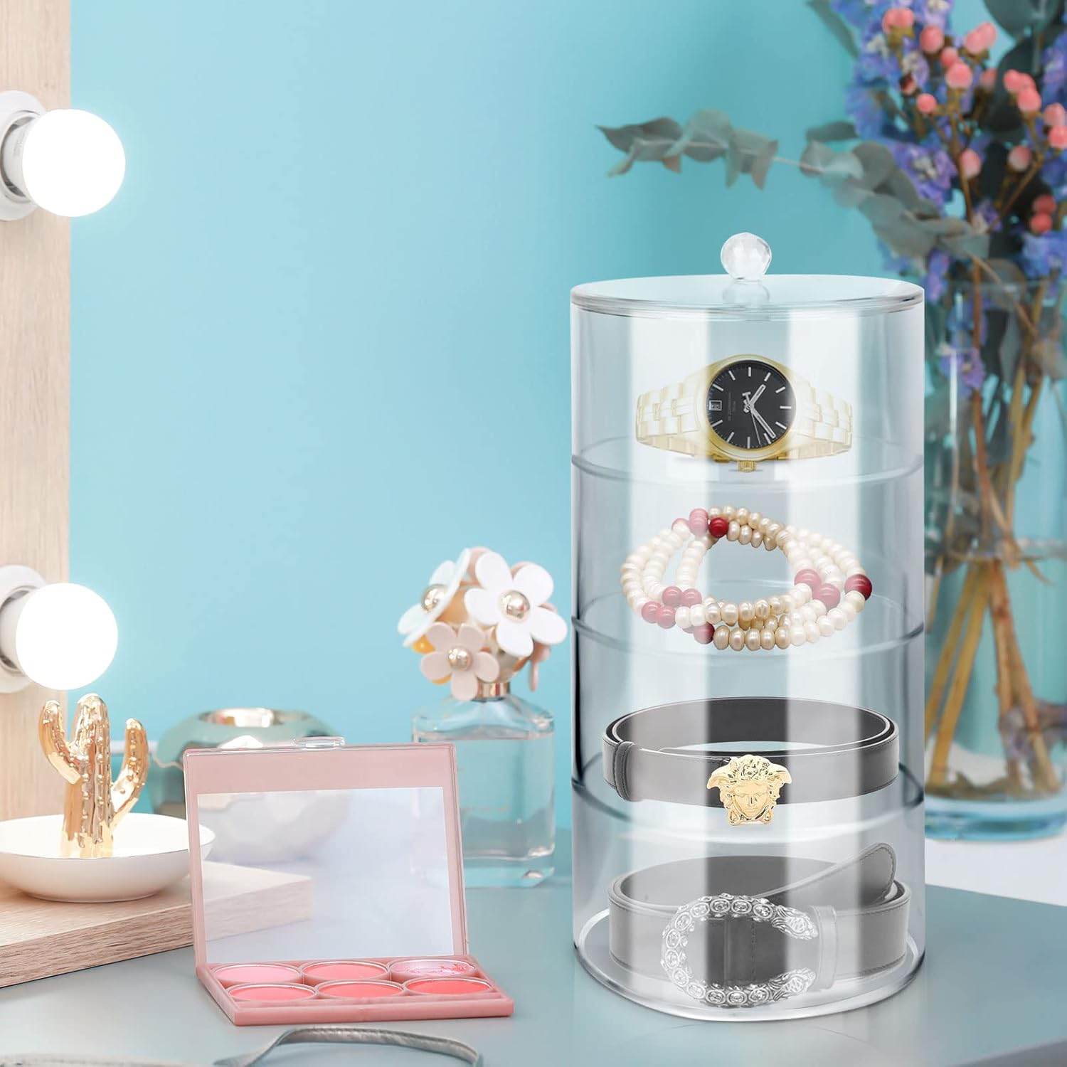 TITA-DONG Belt Organizer, Acrylic Belt Display Storage Box, Multilayer Belt Storage Box, Clear Belt Case Storage Holder for Belt Watch Jewelry Bracelets Ring Cosmetic(4 Layers)
