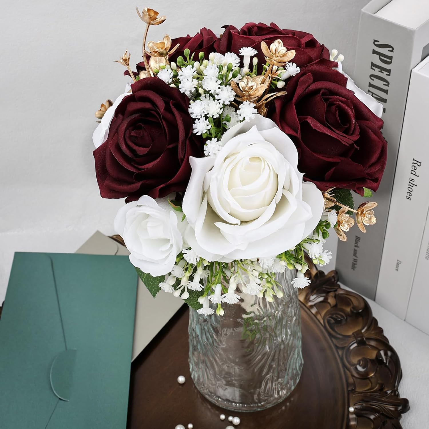 Wedding Bridesmaid Bouquets Set of 6, Artificial Silk Flowers Arrangement for Ceremony Marriage Proposal Party Anniversary Decorations - Burgundy & Gold & White