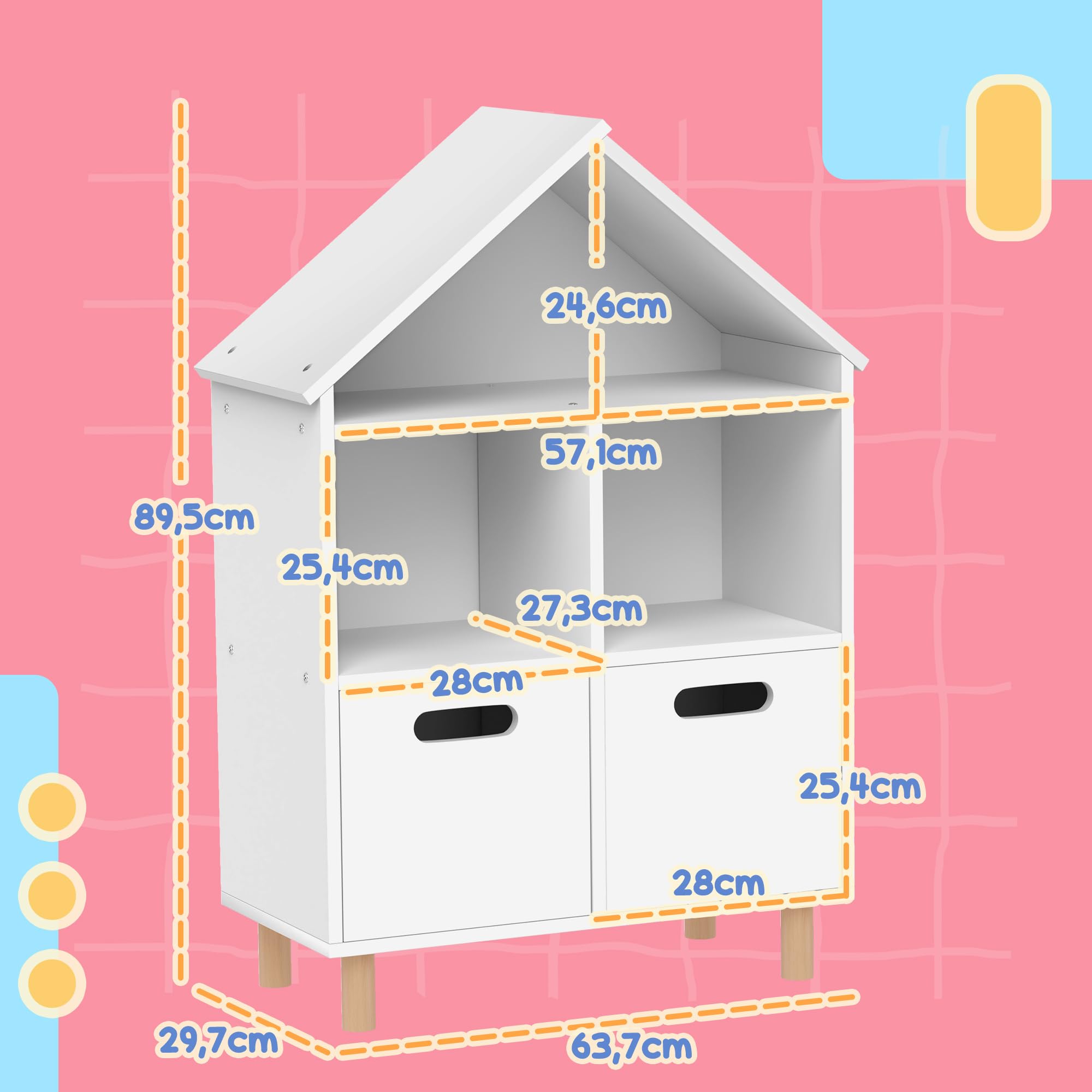 AIYAPLAY Bibliothèque Enfants 3 Niveaux 2 Tiroirs 63,7x29,7x89,5 cm Blanc | Meuble de Rangement, Forme Maison, pour Chambre à Coucher Et Chambres d'Enfants