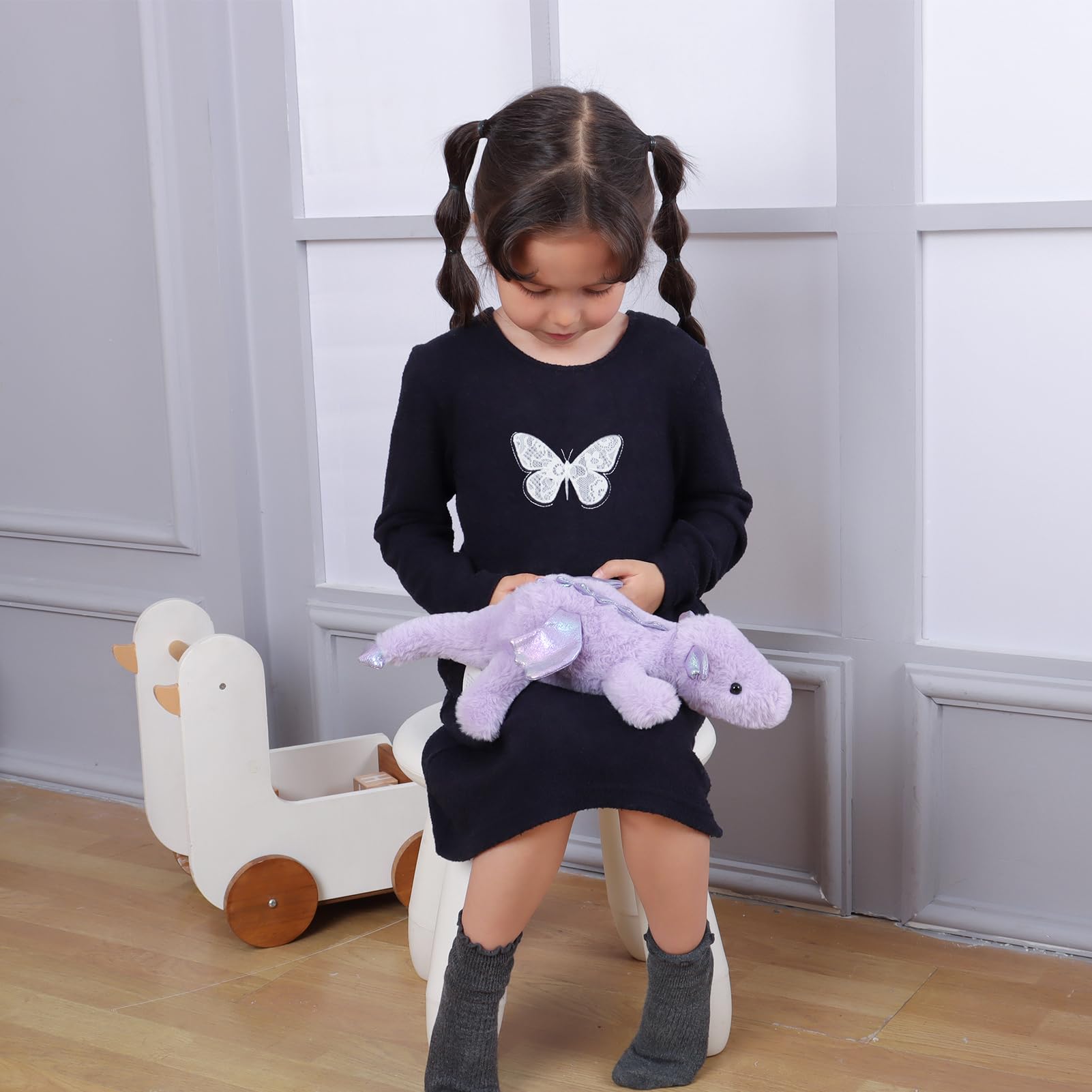Apricot Lamb Knuffeldier, liggende draak, 38 cm, draak, pluche speelgoed, zacht en wasbaar, cadeau voor kinderen, baby's, meisjes en jongens (kleur: zwart