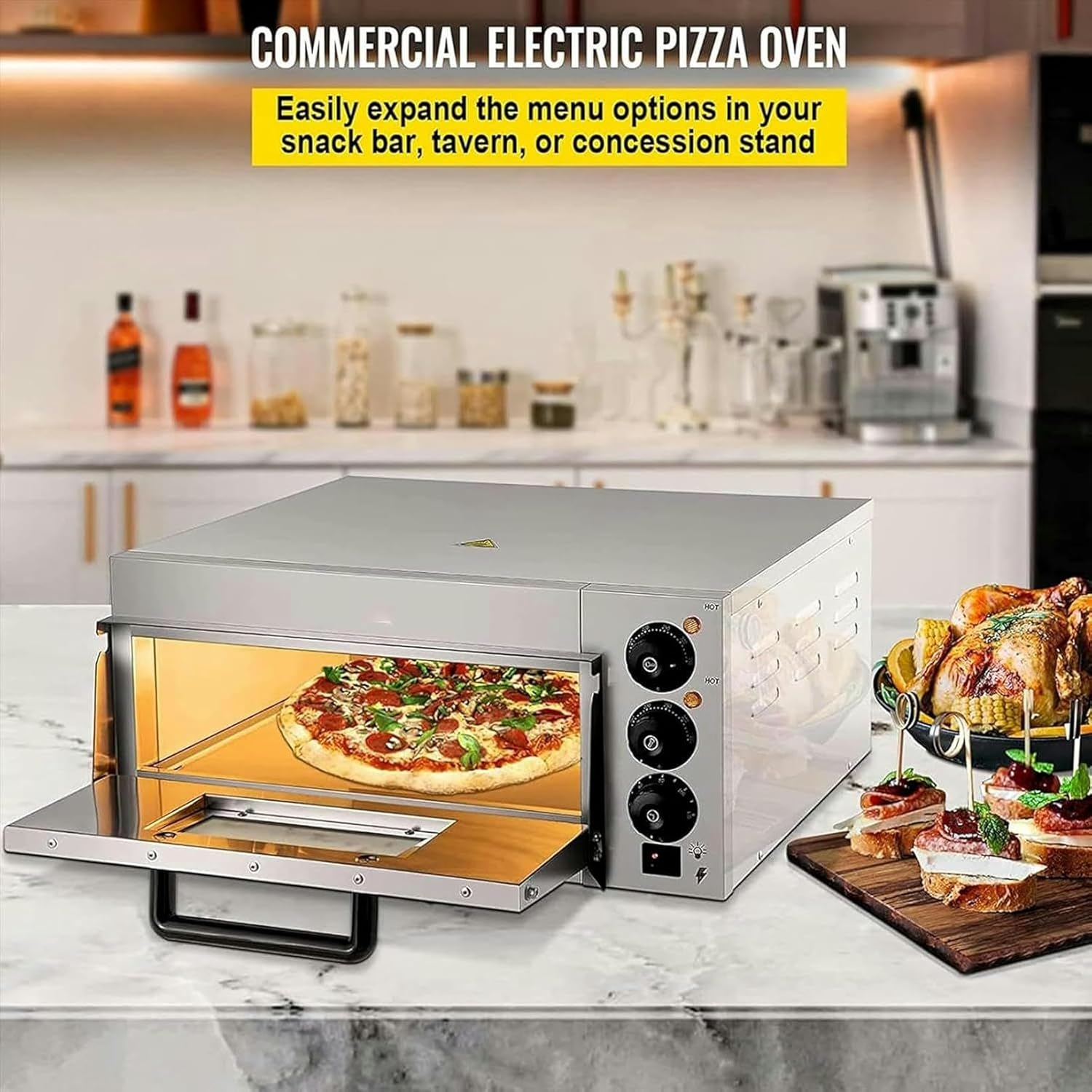 Electric Pizza Oven Maker Single Deck Kitchen Commercial Baking Fire Stone Catering with Timer,2000W,Stainless Steel