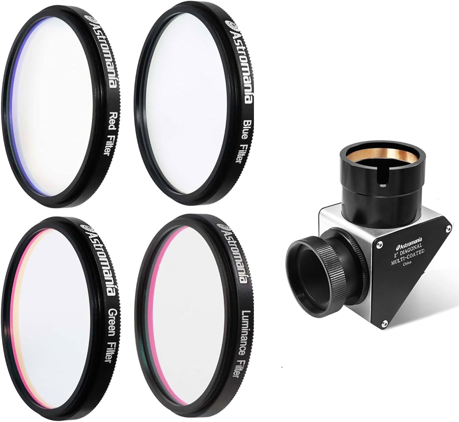 Astromania 2" SCT 90-Degree Mirror Diagonal with 93% reflectivity Across Visible Spectrum - Bundle with - Deluxe Telescope LRGB 2 Inch Filter Set - Colour Filters for Use with Monochrome CCD Cameras