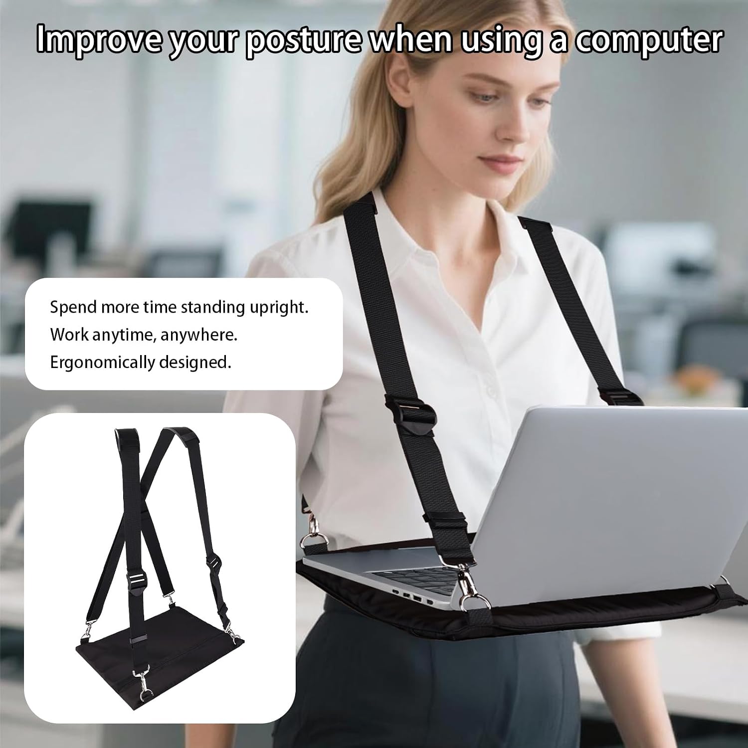 Portable Walking Laptop Harness, Adjustable Wearable Laptop Stand with Ergonomic Straps for 16in Laptops Tablets E-Readers for Outdoor Work image 3