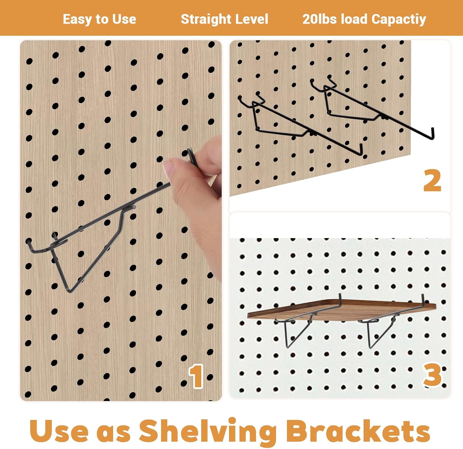 10-Pack Pegboard Shelf Hooks, 8" Black Metal Pegboard Shelf Brackets, Heavy Duty Peg Board Shelving Organizer Accessories for Garage Workshop Storage System