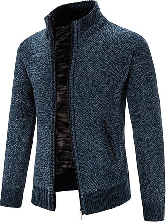 Mens Fleece Lined Cardigan Sweater Stand Collar Full Zip Knitted Long Sleeve Active Jackets Warm Winter Thick Outwear