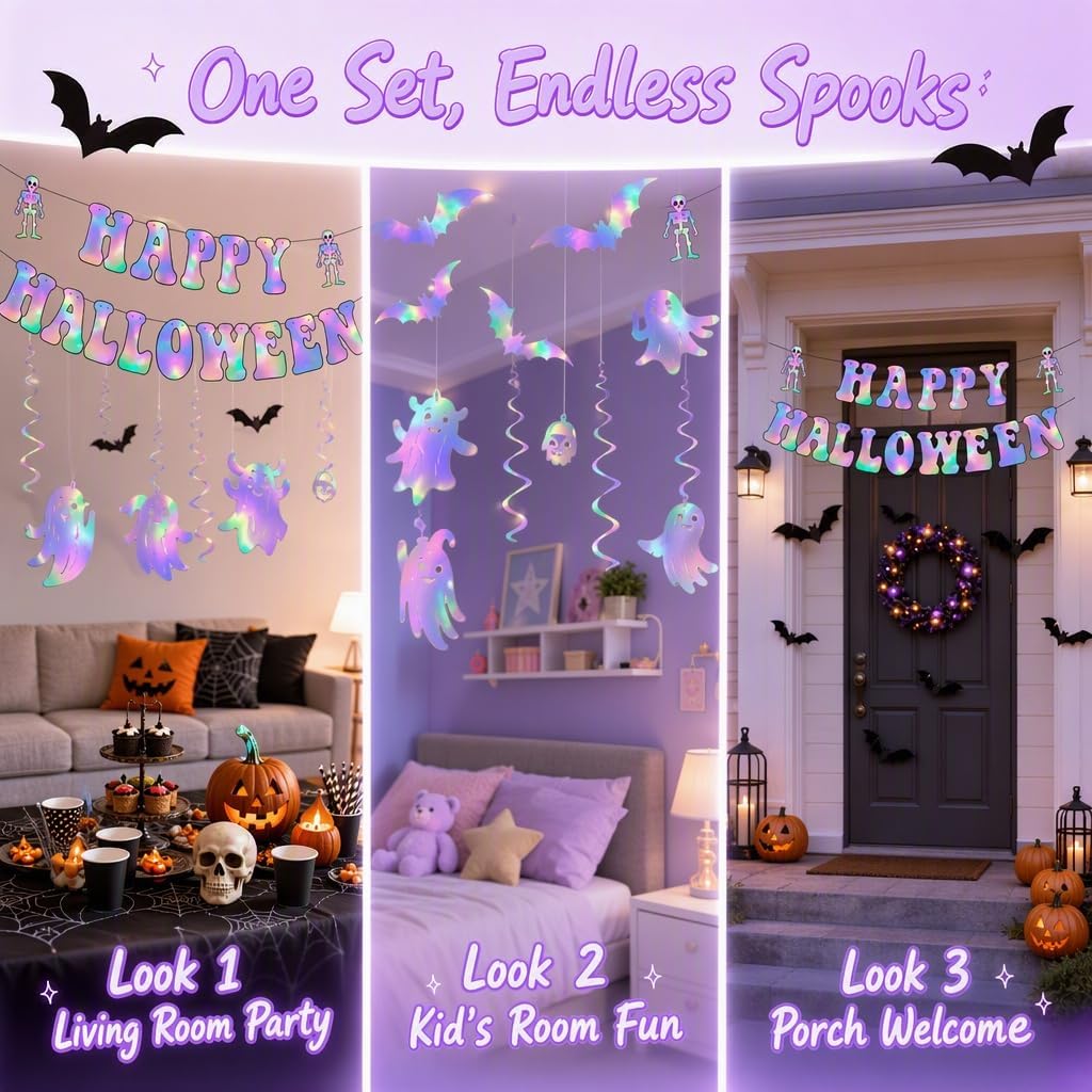 Halloween Party Decorations, Holographic Hanging Set | Neon Iridescent Ghost Banner, 3D Bat Wall Stickers for Spooky Indoor Party Supplies image 4
