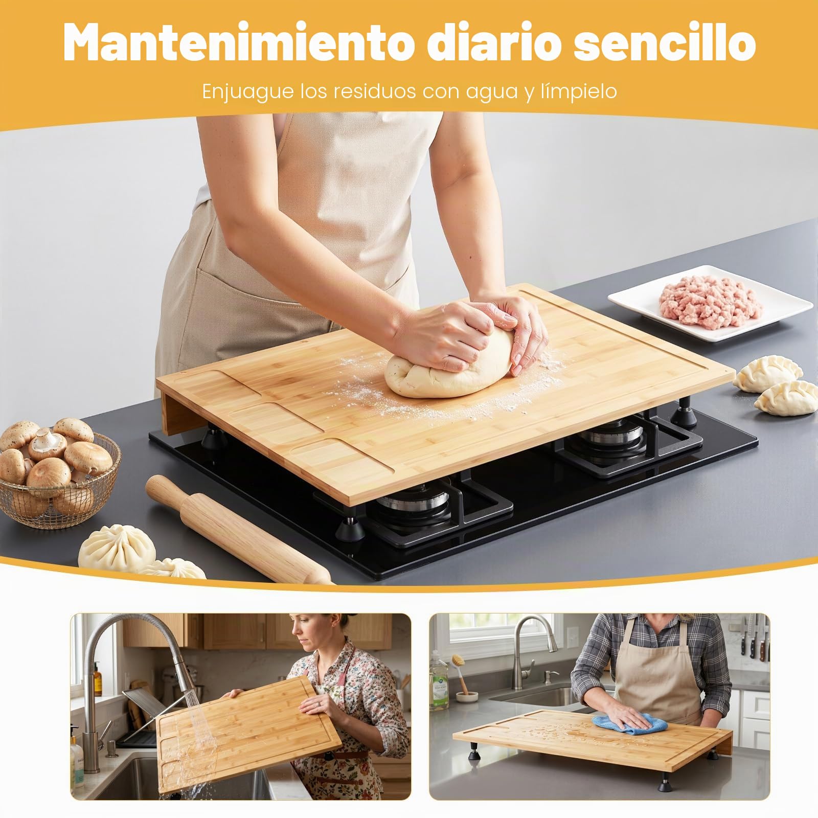 Cubierta de cocina de madera con 4 pies de apoyo extraíbles, cubierta de cocina, cubierta multifuncional, para la mayoría de cocinas de gas y eléctricas, 75 x 54 x 10 cm