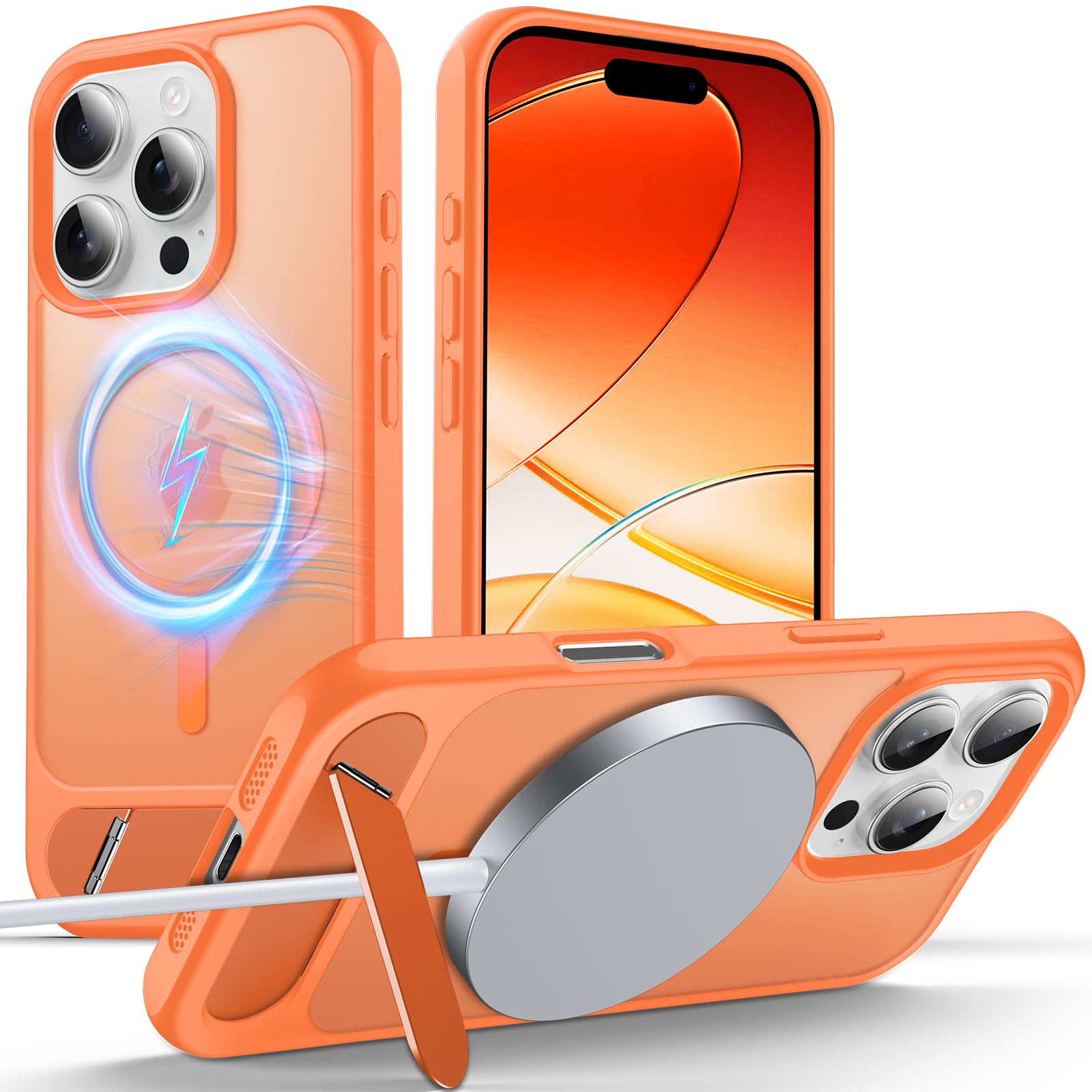 Anqrp Magnetische Hülle für iPhone 16 Pro, Unsichtbarer Ständer, Kompatibel mit Mag-Safe, Stoßfeste Matte Handyhülle mit Militärschutz, Halbtransparente Schutzhülle 6.3", Orange
