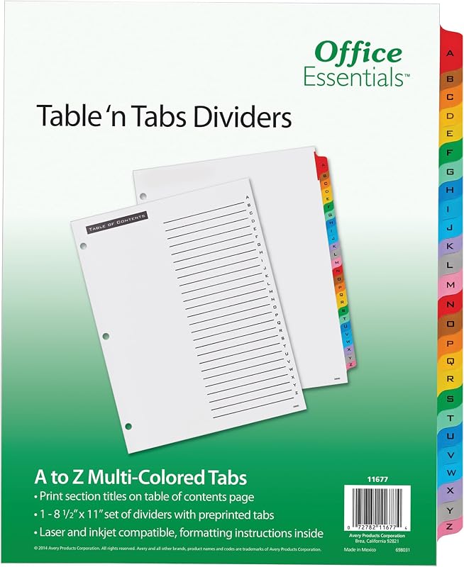 Office Essentials 11677 Divisores de mesa y pestañas, 26 pestañas, Carta | Para organizar carpetas e informes, divisores blancos, índice imprimible codificado por colores, perforado con 3 orificios, láser e inyección de tinta