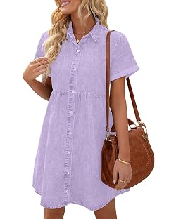 LookbookStore Womens Short Sleeve Button Down Flowy Tiered Babydoll Denim Dress