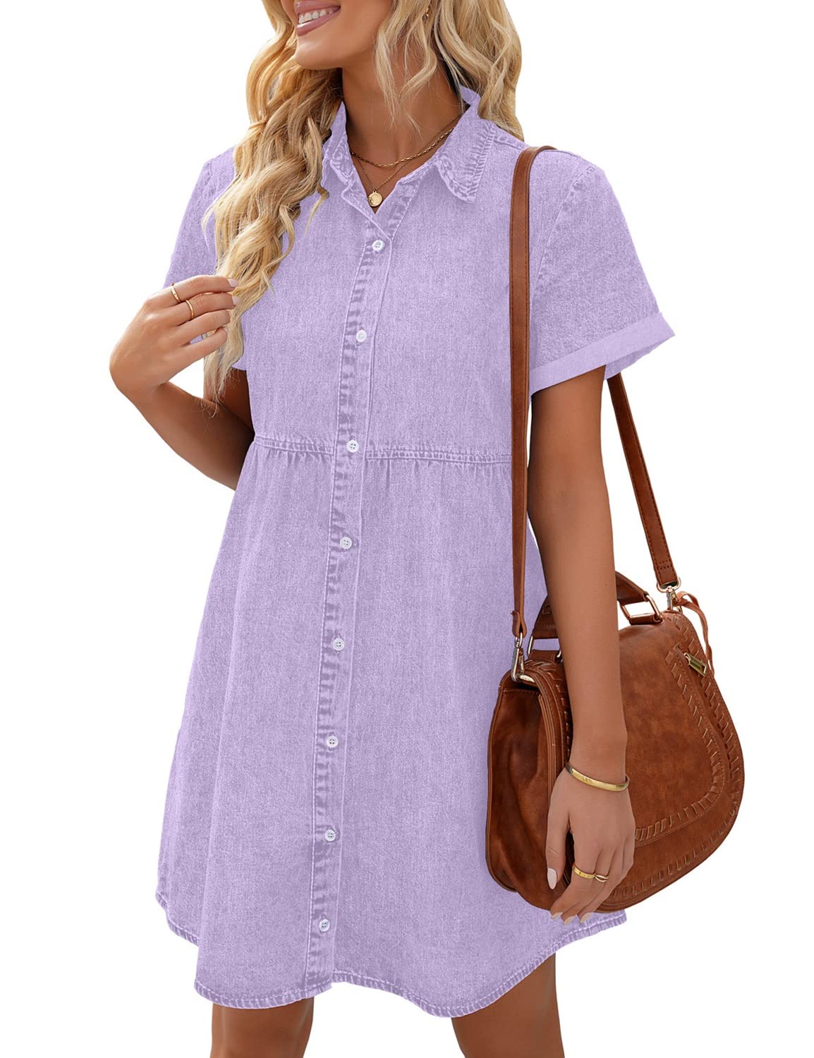 LookbookStore Womens Short Sleeve Button Down Flowy Tiered Babydoll Denim Dress