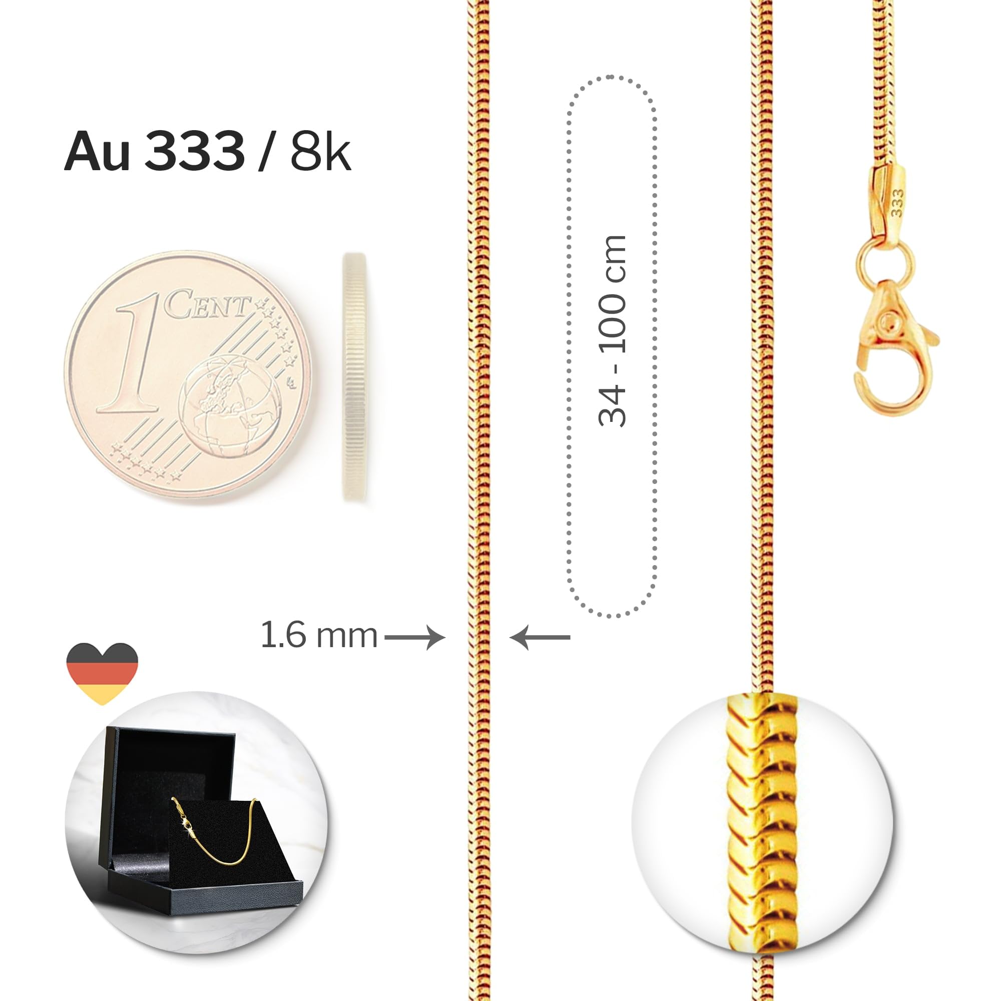 8 Karat 333 Gold Schlangenkette Damen Echtgold 0.9-2.4 mm - Länge wählbar