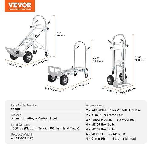 Miniatura 45 de VEVOR Folding Hand Truck and Dolly, 309 Lbs Capacity, Aluminum Foldable Cart, Heavy-Duty Luggage Trolley Cart with Telescoping Handle and PP+TPR
