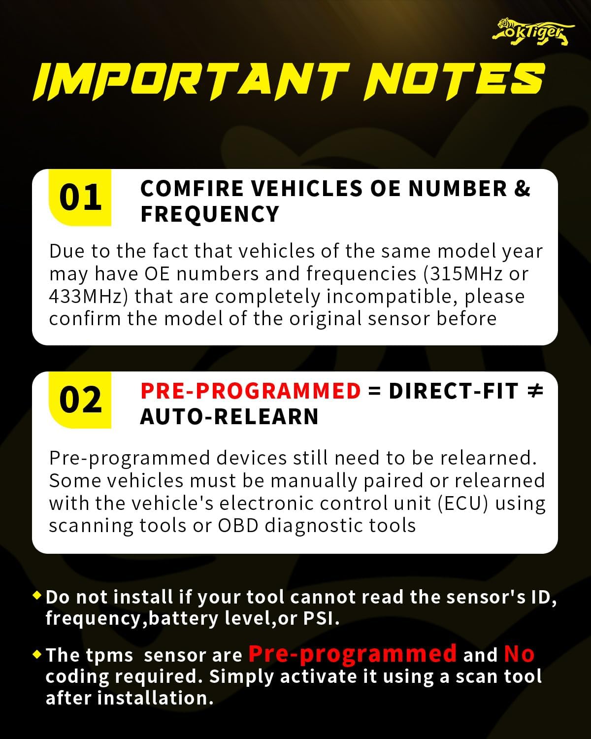 Oktiger 315Mhz TPMS Sensor Pre-Programmed Fits for Ford F150 2009-2014, Edge 2011-2014, Explorer 2011-2015, for Mustang Fusion F250 F350, for Lincoln MKZ, Tire Pressure Sensor OE# DE8T-1A180-AA