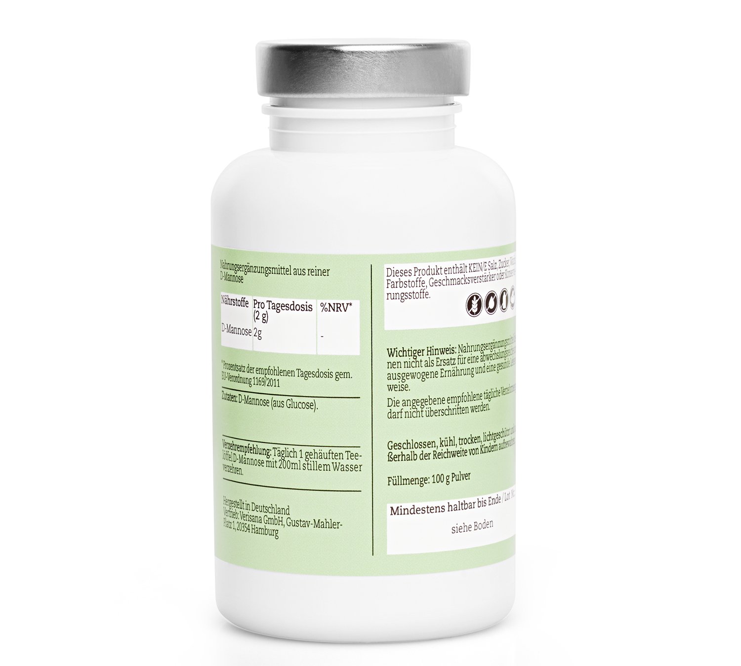 Verisana | D-Mannose Pulver – 100g Dose |100% naturbelassen, rein & ohne Zusatzstoffe, Fette, Hefen oder Füllmittel | Einfache Dosierung | Natural Purity