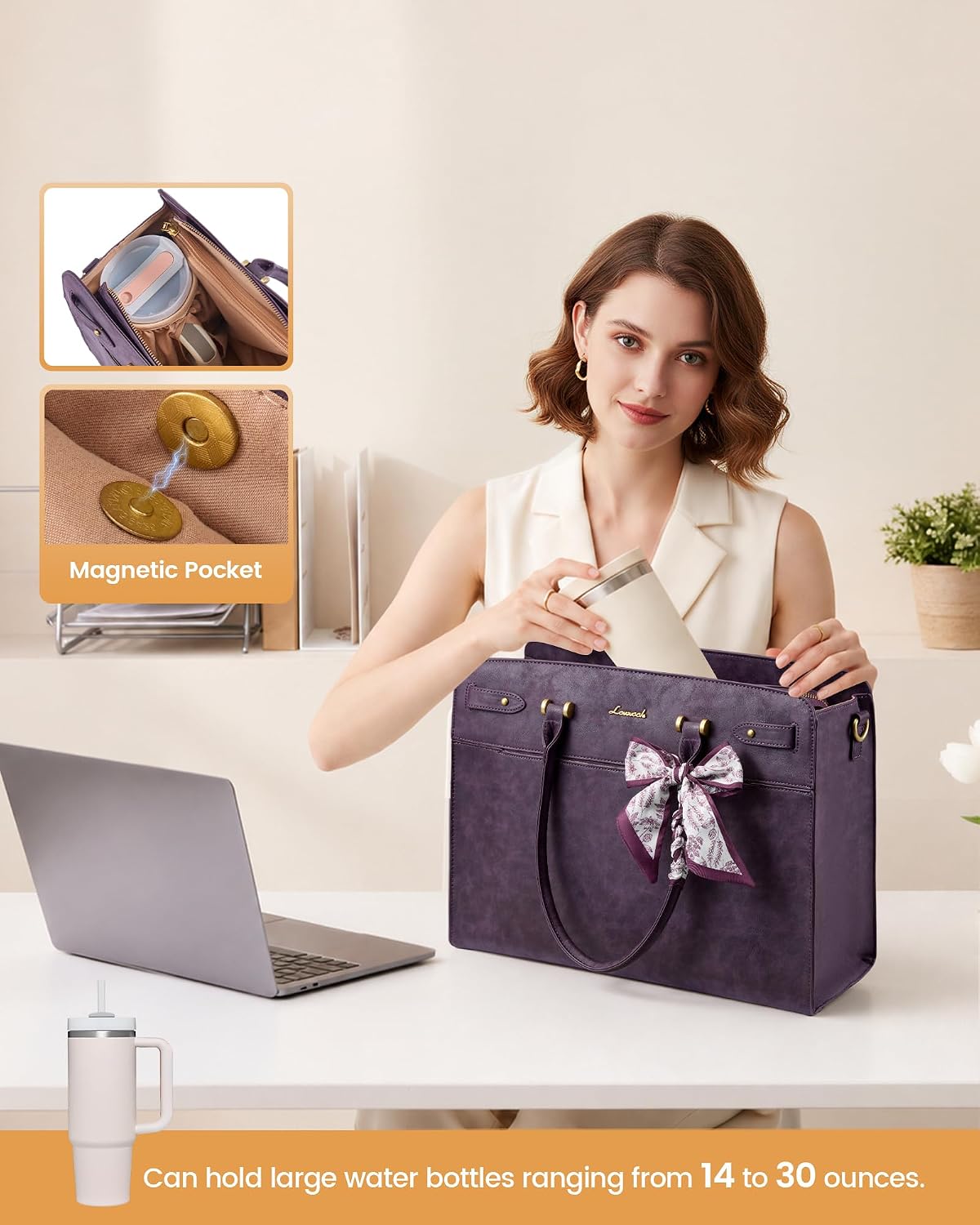  Laptop Tote Bag for Women, 15.6 Inch Large Faux Leather Work Bag Waterproof Briefcase Handbag for Teacher Business | Gift thumbnail