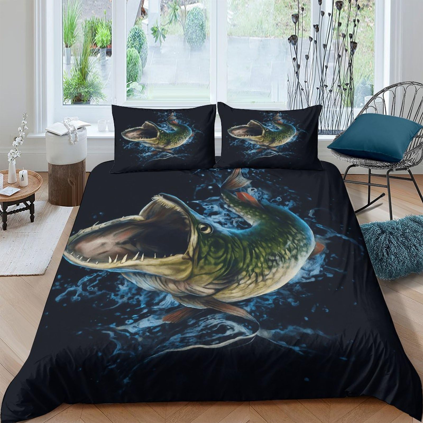 GPLZQXKJNH 3D Printed Lifelike Fish Splash Duvet Cover Microfiber Breathable River Predator Bedding Set with 2 Pillowcases for Bedroom Decor Single（135x200cm）