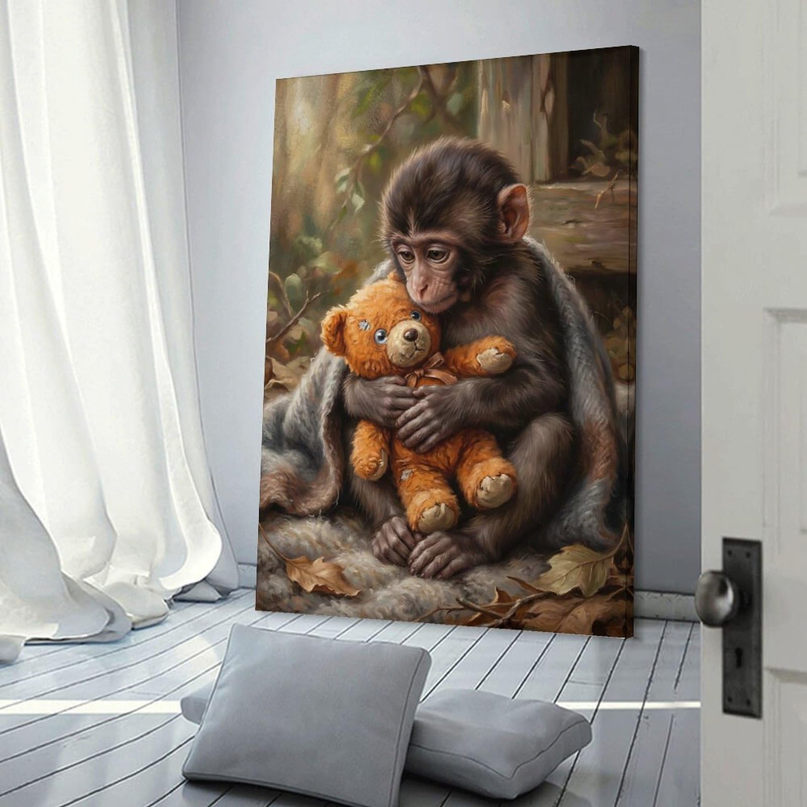 Junmoney Room Decor Wall Art Sad Monkey Hugging Teddy Bear, 20x30inch(50x75cm), for Workspace Walls, Study Corners Or Bedrooms, A Smart Decor Choice for Study Walls
